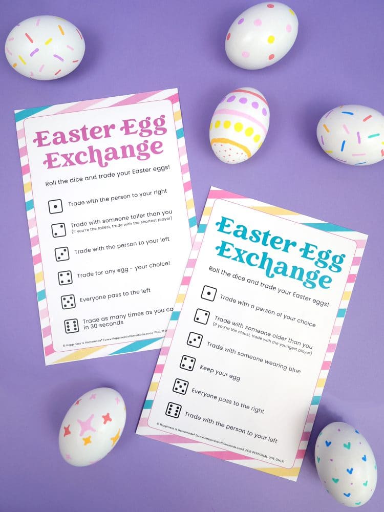 Two versions of Easter Egg Exchange Game on purple background with Easter Eggs