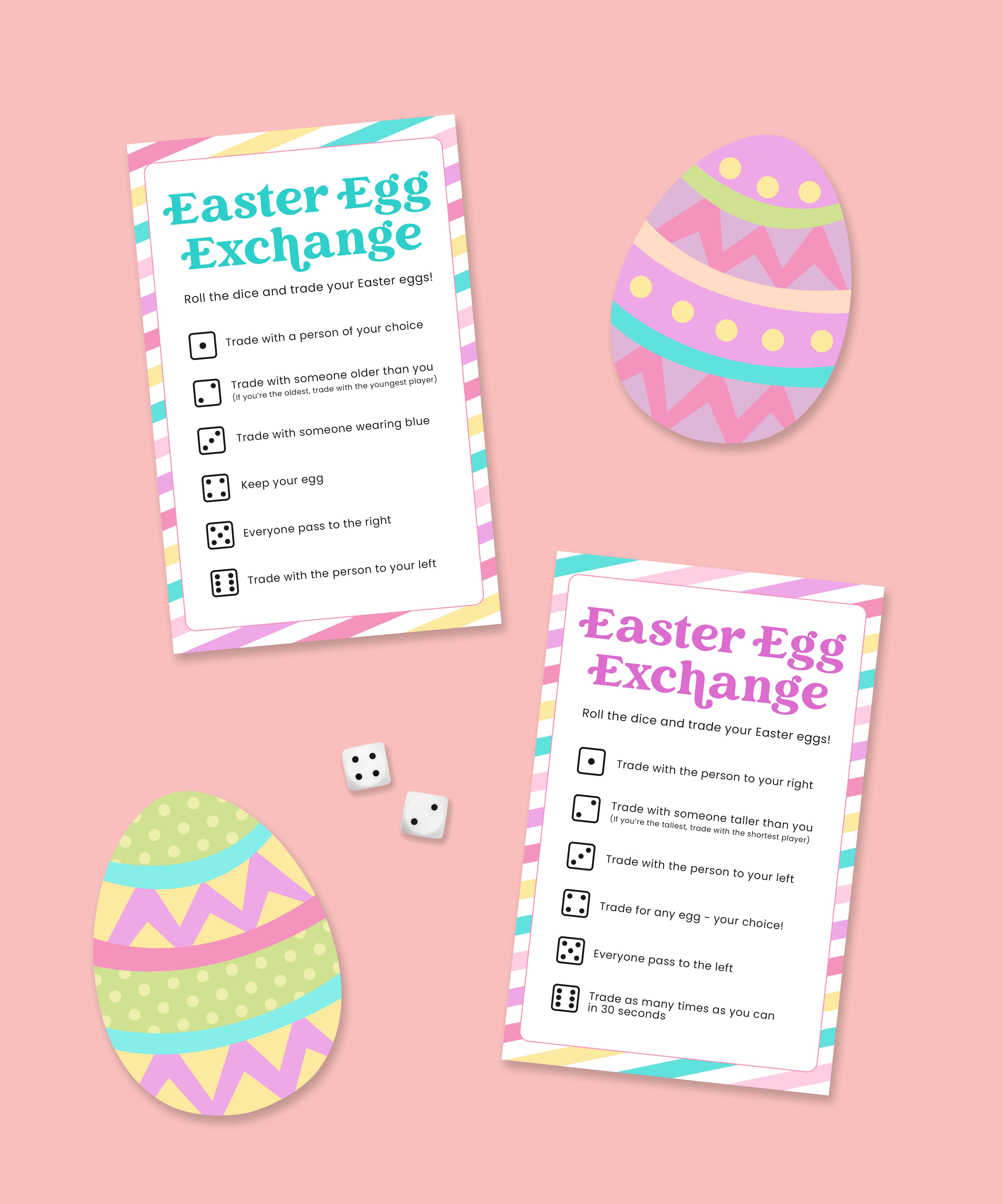 Easter Egg Exchange Game graphic on coral background