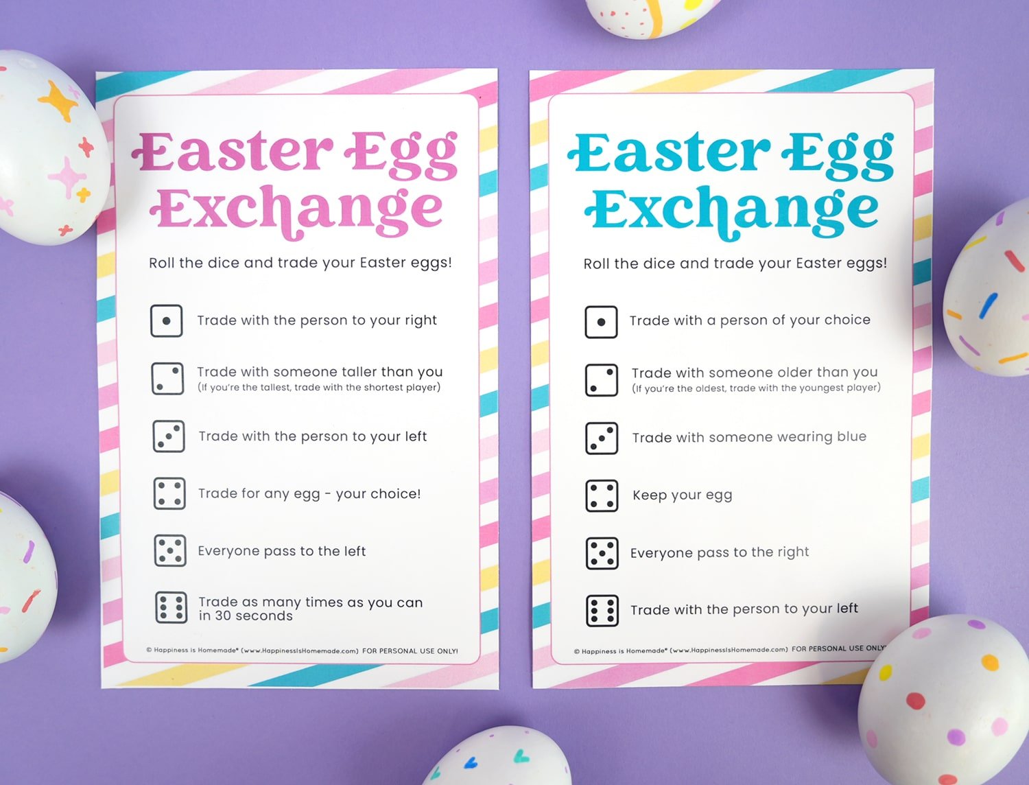 Easter Egg Exchange Game on purple background with Easter Eggs - two versions of printable game