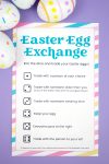 Free printable Easter Egg Exchange Game on purple background with colorful Easter Eggs