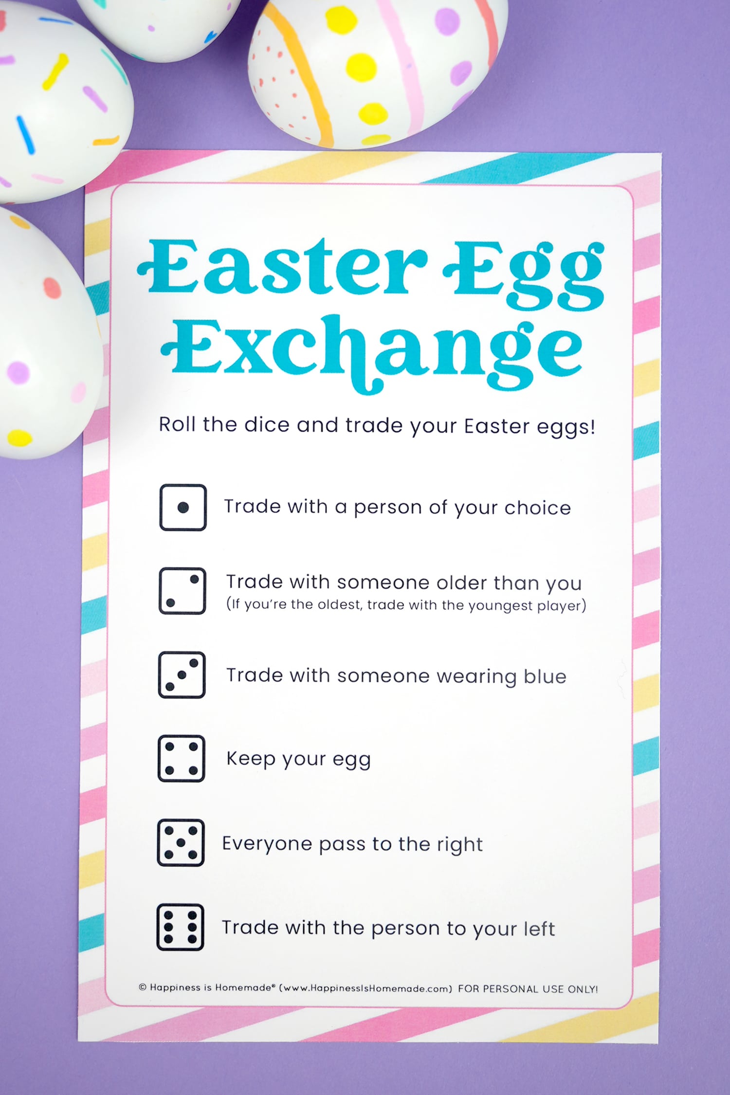 Free printable Easter Egg Exchange Game on purple background with colorful Easter Eggs