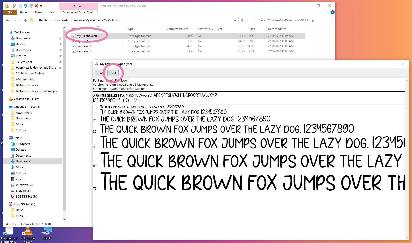 screenshot depicting how to install a font on windows