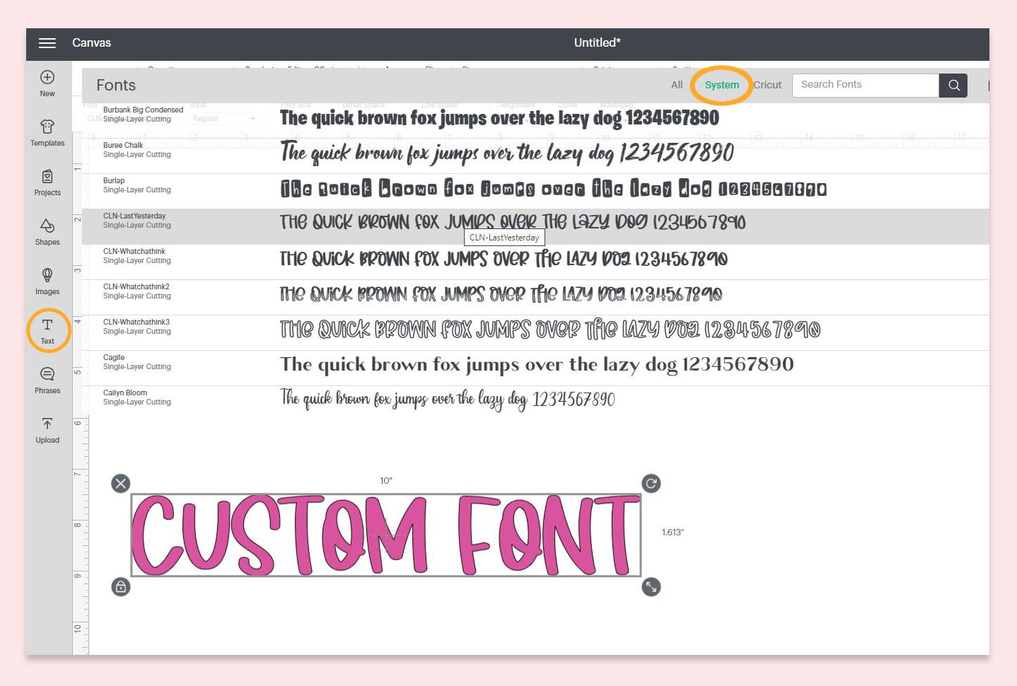 screenshot of how to use a custom font in cricut design space