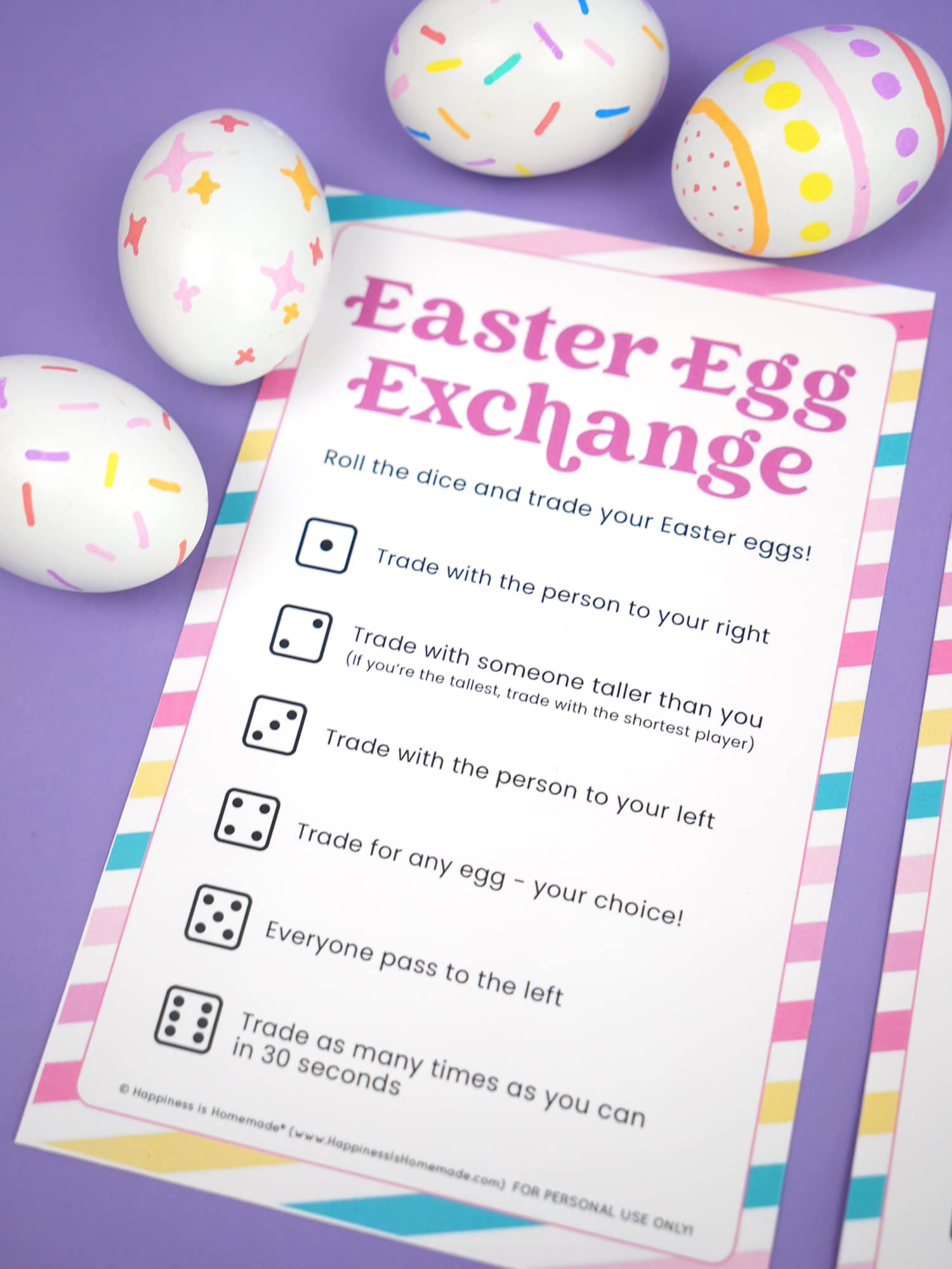 Printable Easter Egg Exchange Game on purple background with Easter Eggs