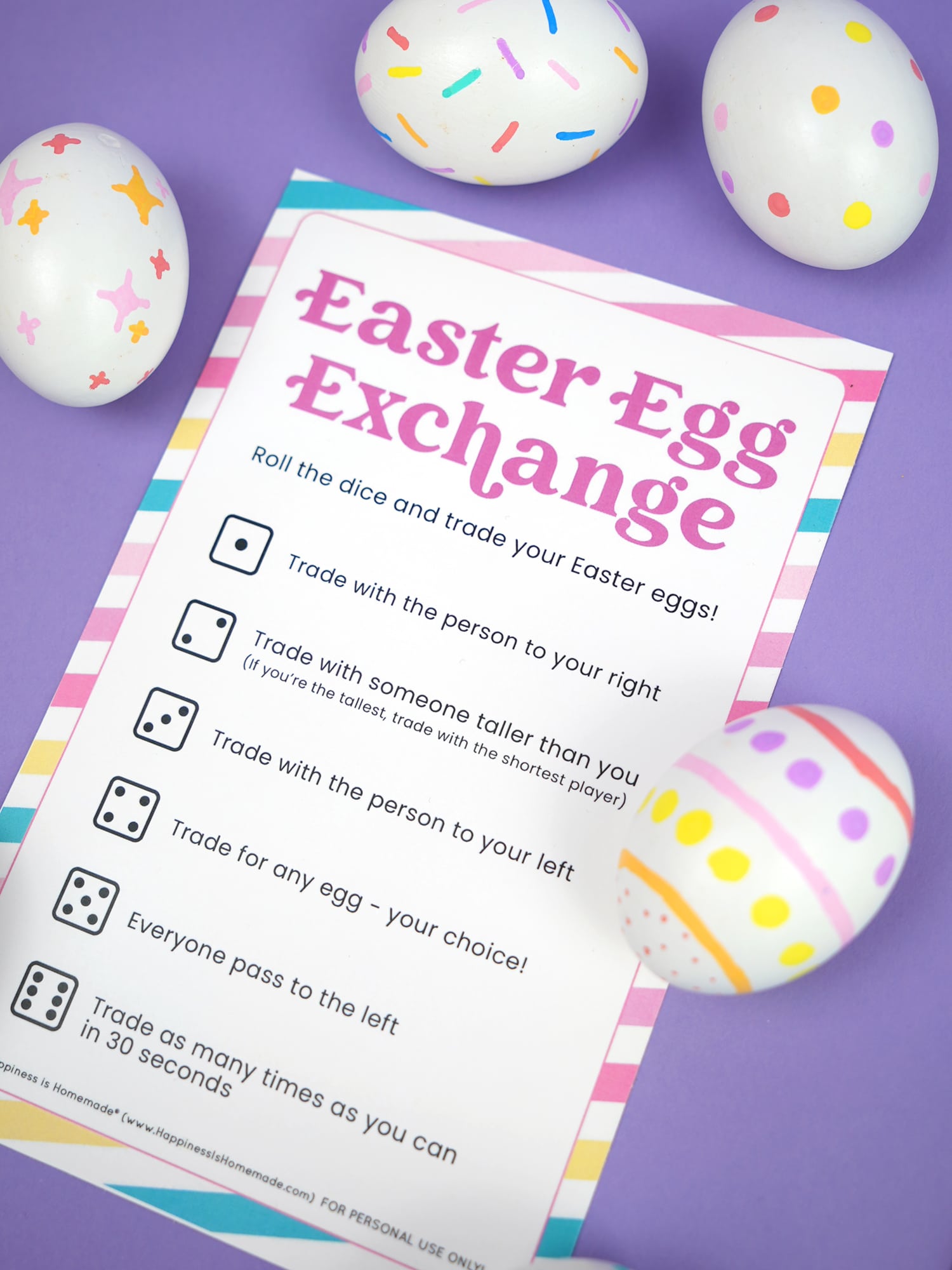 Easter Egg Exchange Game on purple background with Easter Eggs