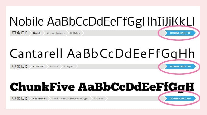 OTF and TTF font types shown
