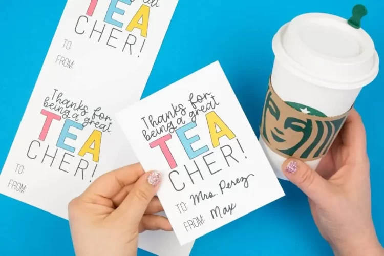 thanks for being a great tea cher! gift tag with starbucks in hand