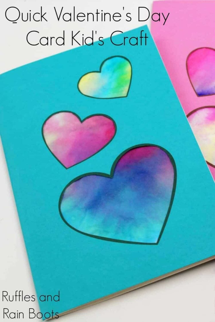 Turquoise greeting card with 3 heart shape dyed coffee filters in center.