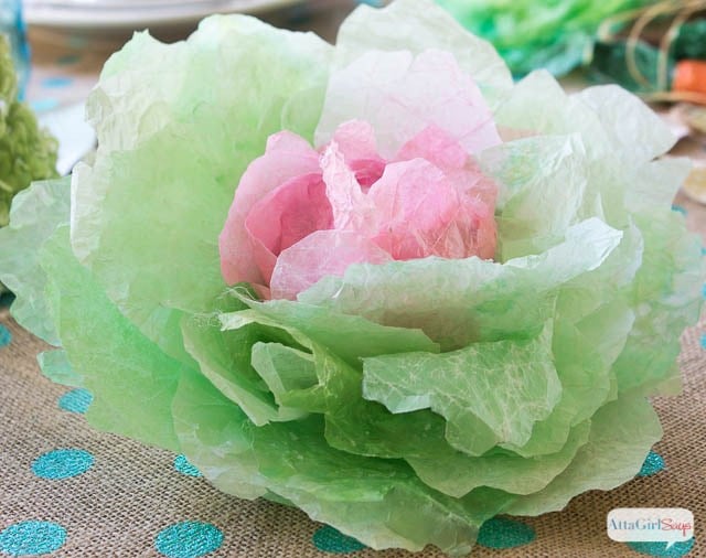 Dyed green and pink coffee filters shaped to look like cabbage.