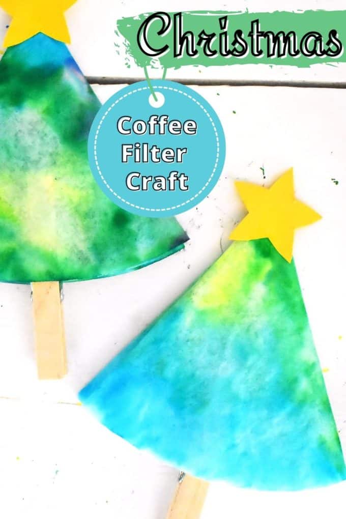 Green and blue dyed coffee filters in shape of a Christmas Tree with yellow star on top