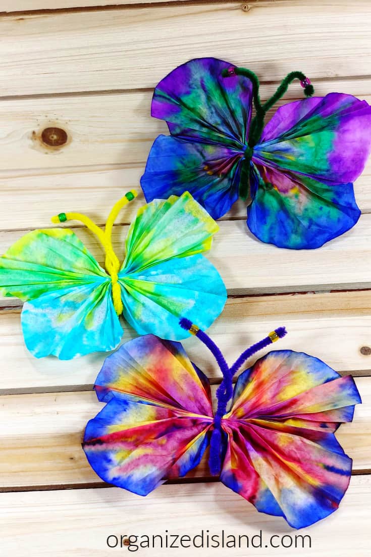 Multi-colored coffee filters wrapped with a pipe cleaner to look like a butterfly.