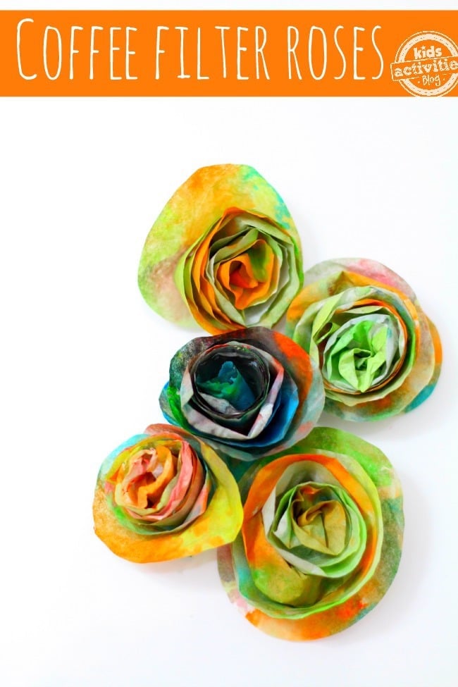 Multi-colored coffee filters shaped into roses.