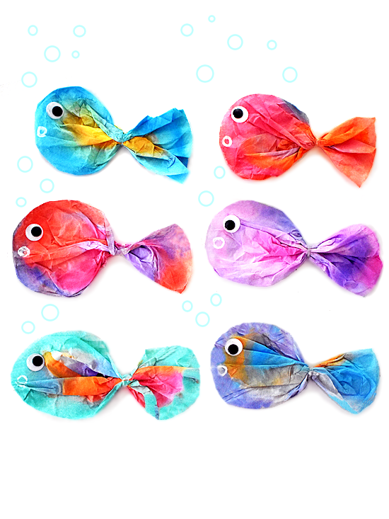 6 Multi-colored coffee filters shaped to look like fish.