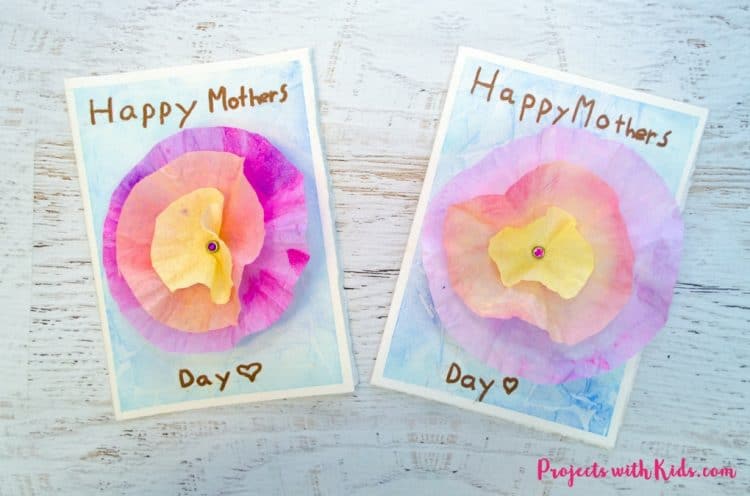 Orange, yellow, and pink coffee filter flower attached to Mother's Day card.