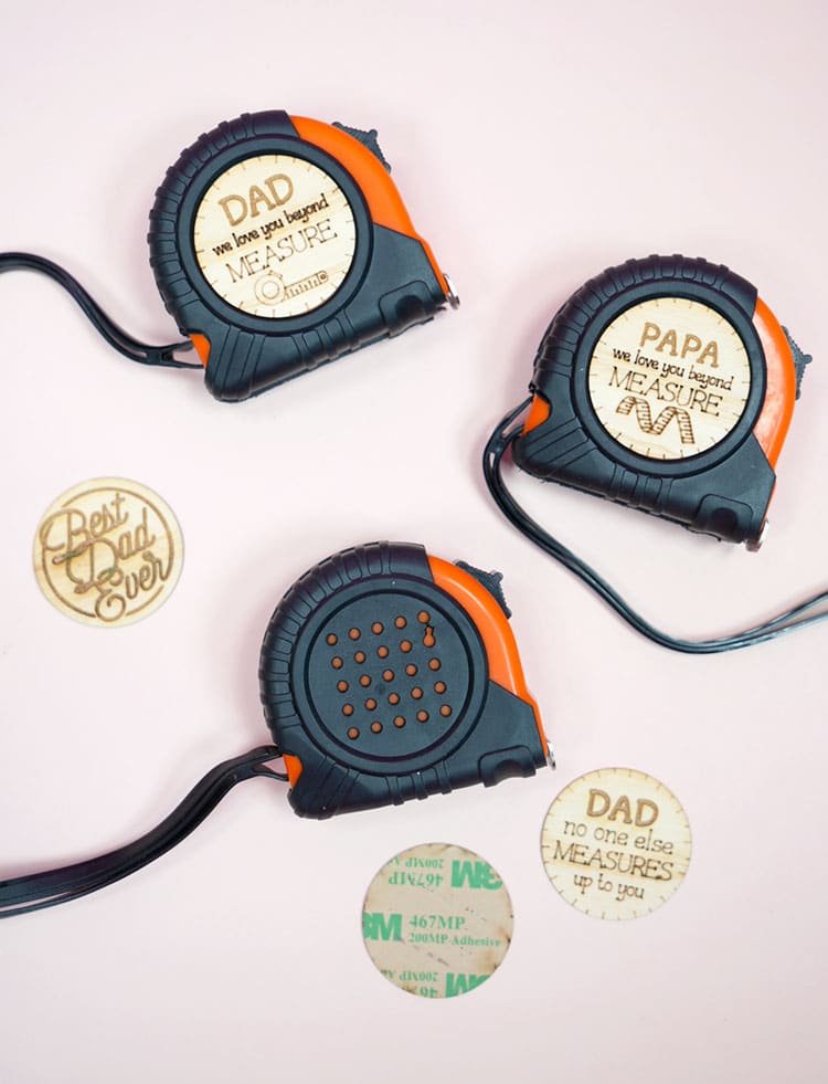 Tape measure with wood disc personalization