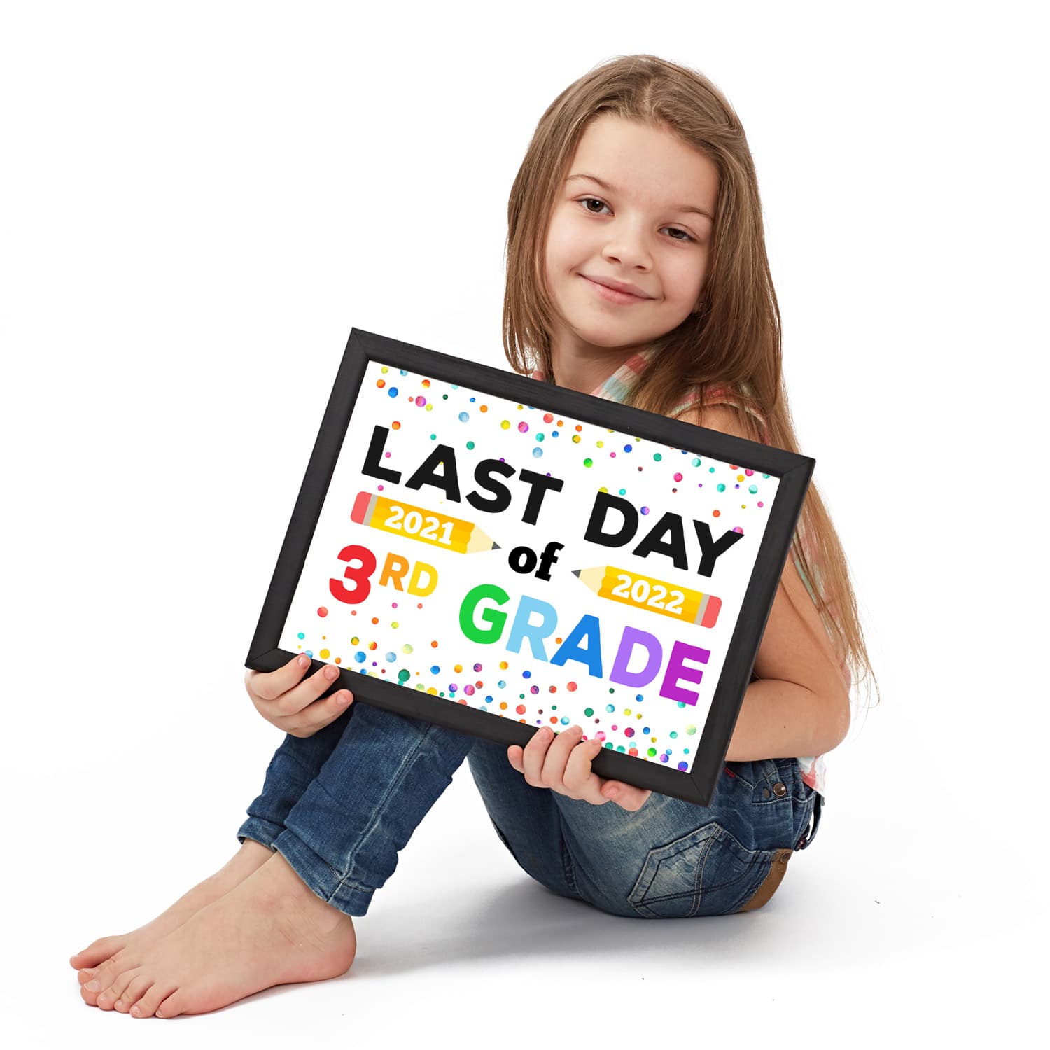 Cute girl holding framed 2022 Last Day of School printable sign