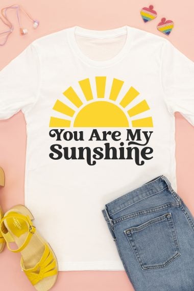 Shirt with "You Are My Sunshine" design on pink background with accessories
