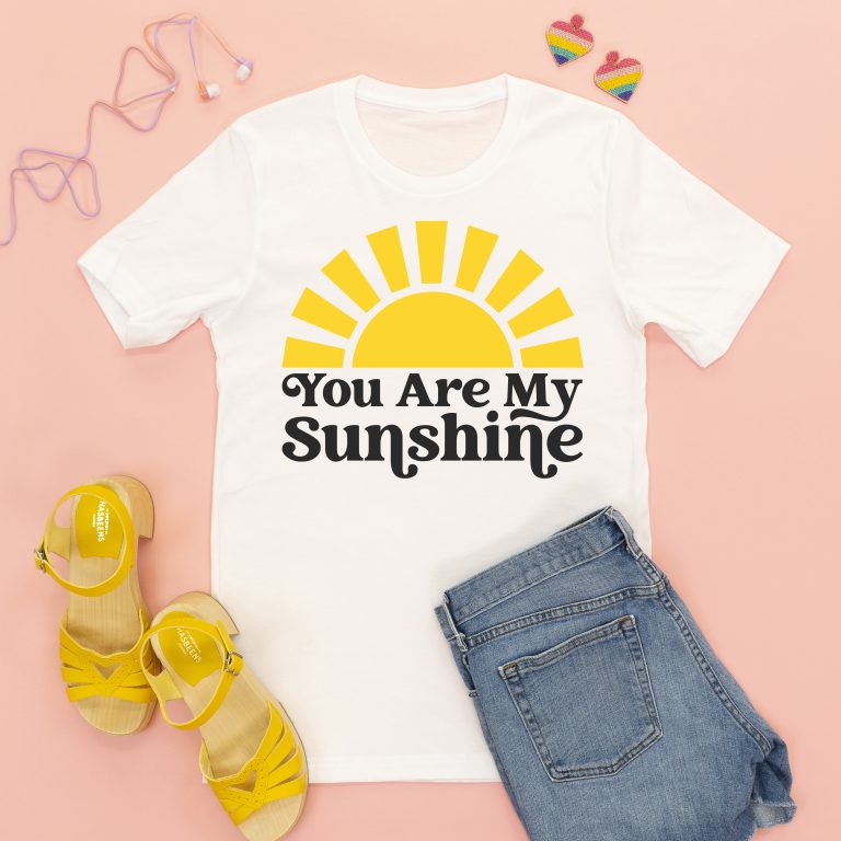 Shirt with "You Are My Sunshine" design on pink background with accessories