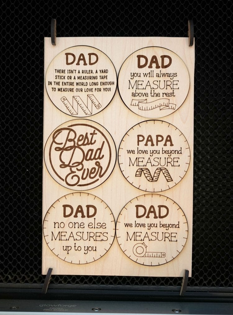 Wood Stickers for Tape Measures inside Glowforge Machine