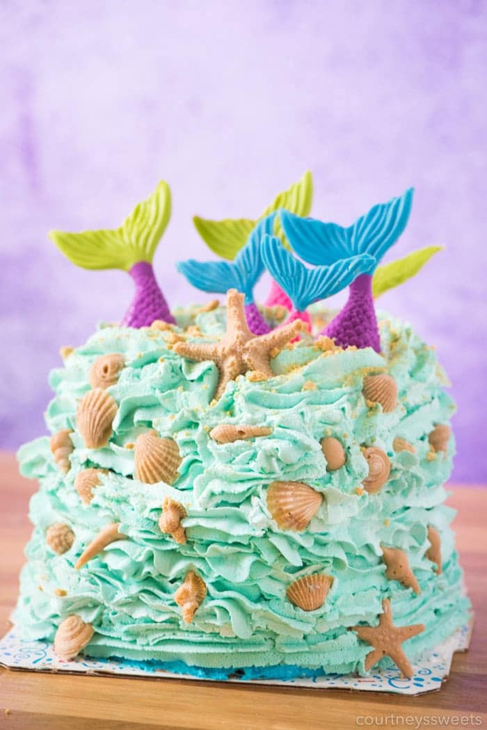 homemade mermaid cake with edible sea shells