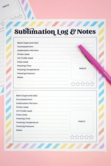 Free printable Sublimation Log and Notes sheet with purple pen on pink background