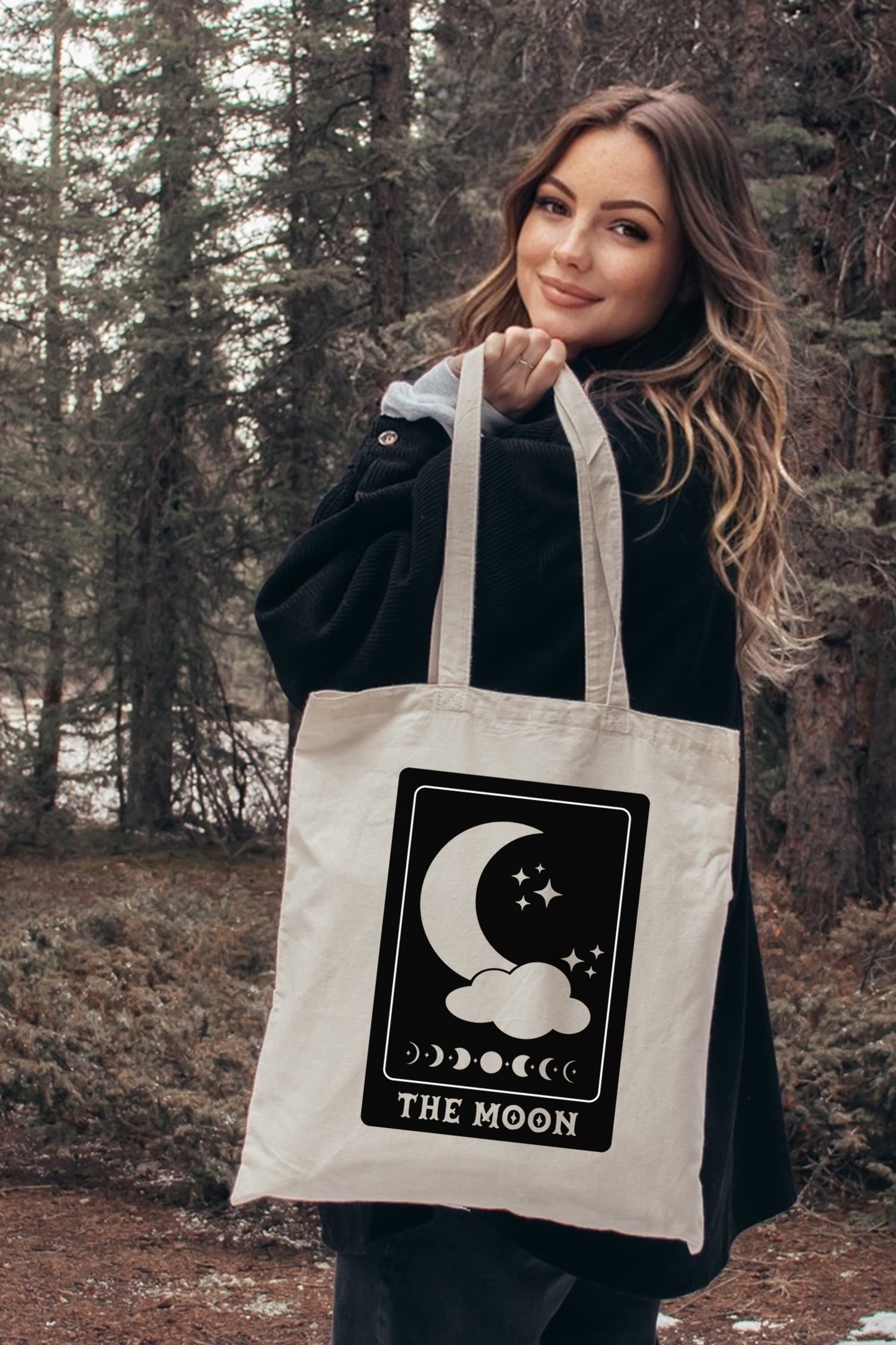 moon tarot card svg file on canvas tote carried by woman in woods