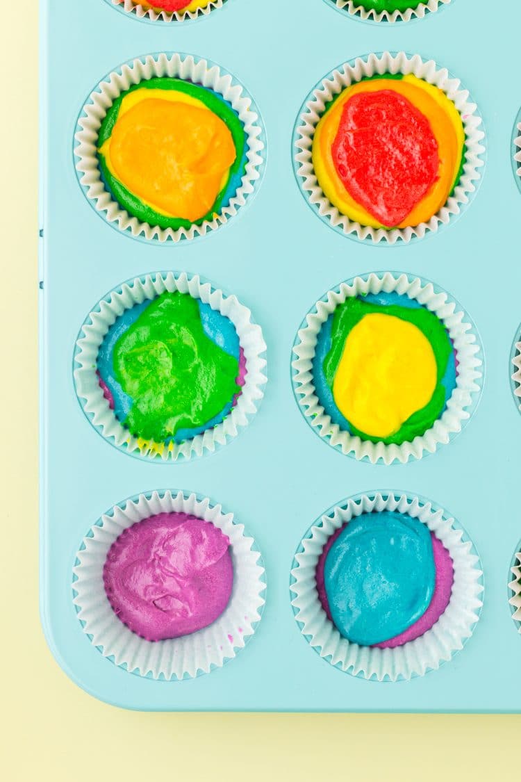 Rainbow Cupcake Batter in a light blue Cupcake Pan