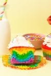 Rainbow Cupcake on a table with a yellow background