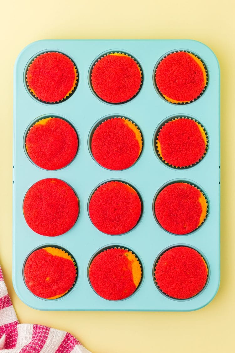 Rainbow Cupcakes with red frosting in Cupcake Pan