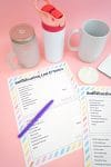 Sublimation Logs and Notes printables on pink background with several different sublimation blanks