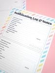 Close up of detail information on a free printable sublimation log notes record