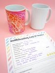 Colorful floral mug and plain white mug next to filled out "Sublimation Log and Notes" sheet