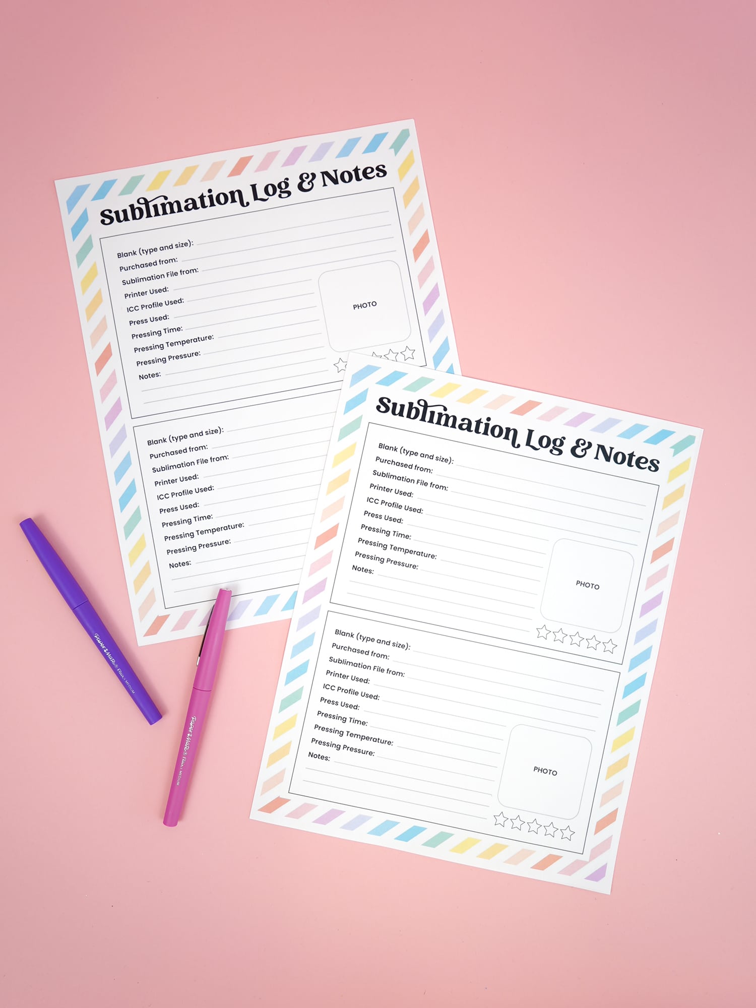Free printable sublimation log and notes sheets on pink background with purple pen