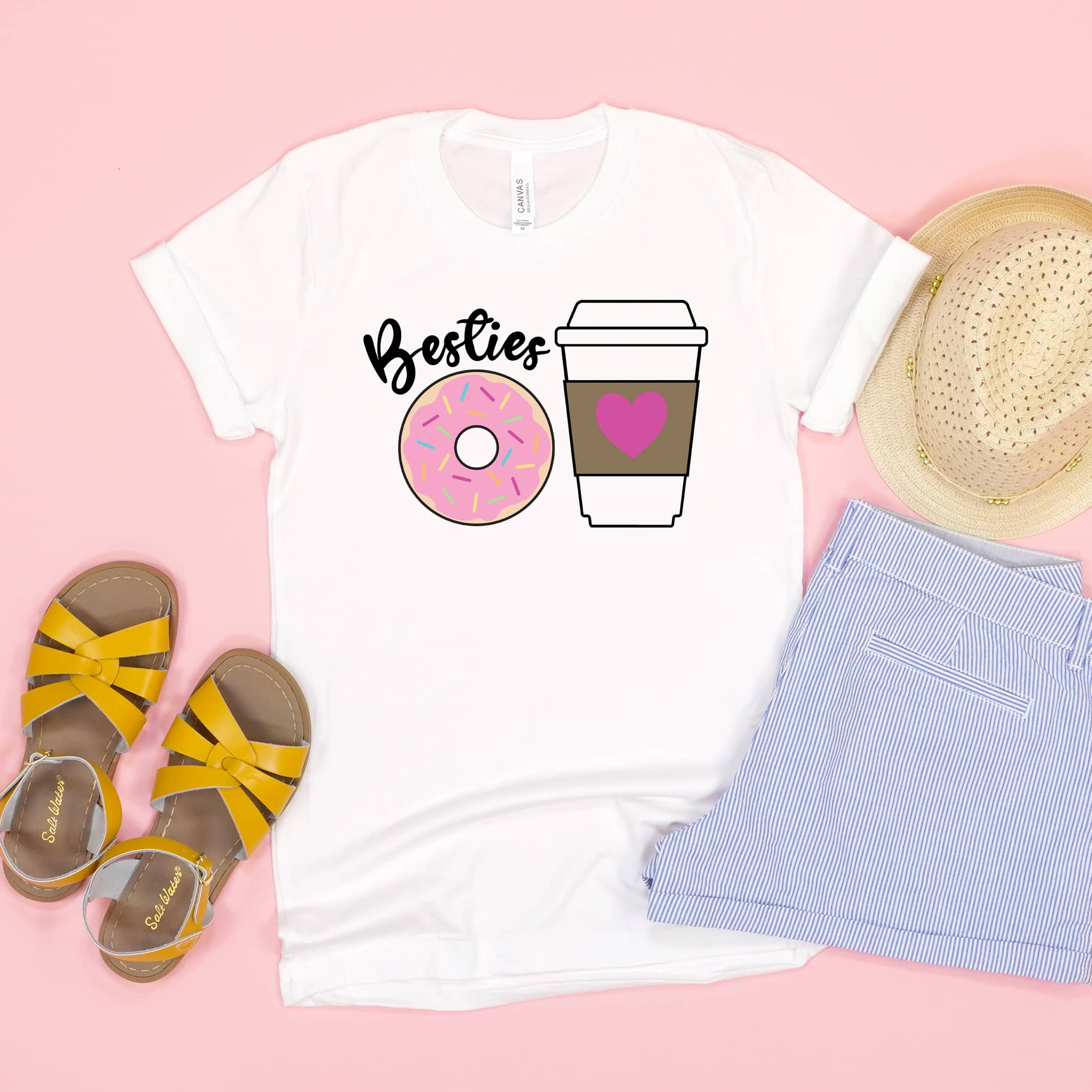 besties donut and coffee svg file on pink shirt styled with shoes and shorts