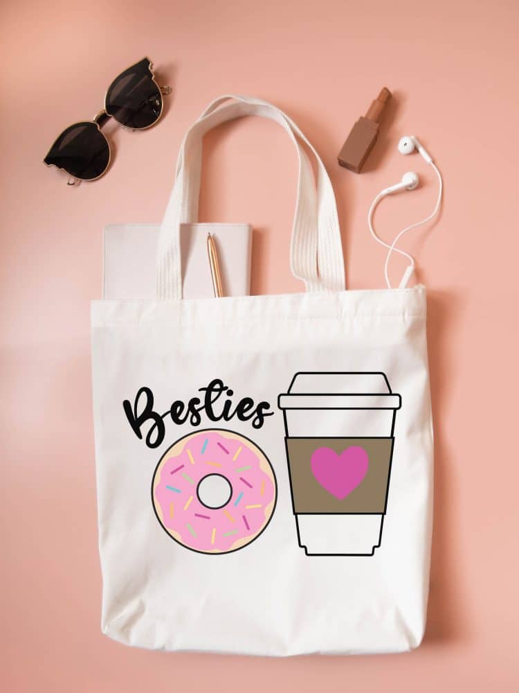 besties donut and coffee svg file on tote bag