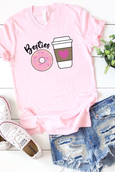 besties donut and coffee svg file on pink shirt styled with shoes and shorts