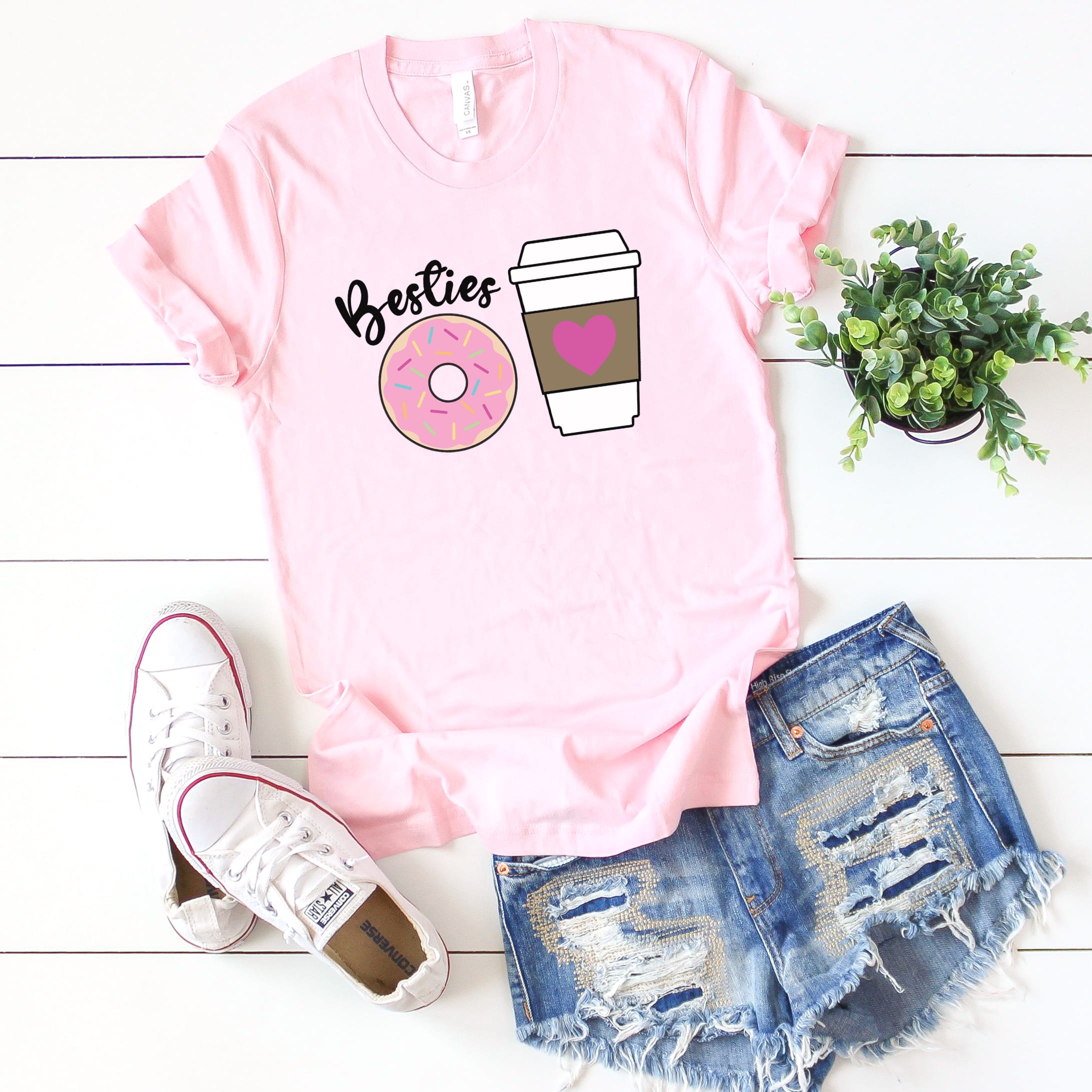 besties donut and coffee svg file on pink shirt styled with shoes and shorts