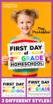 girl holding free printable first day of school homeschool sign 