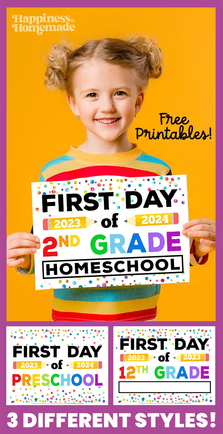 girl holding free printable first day of school homeschool sign 