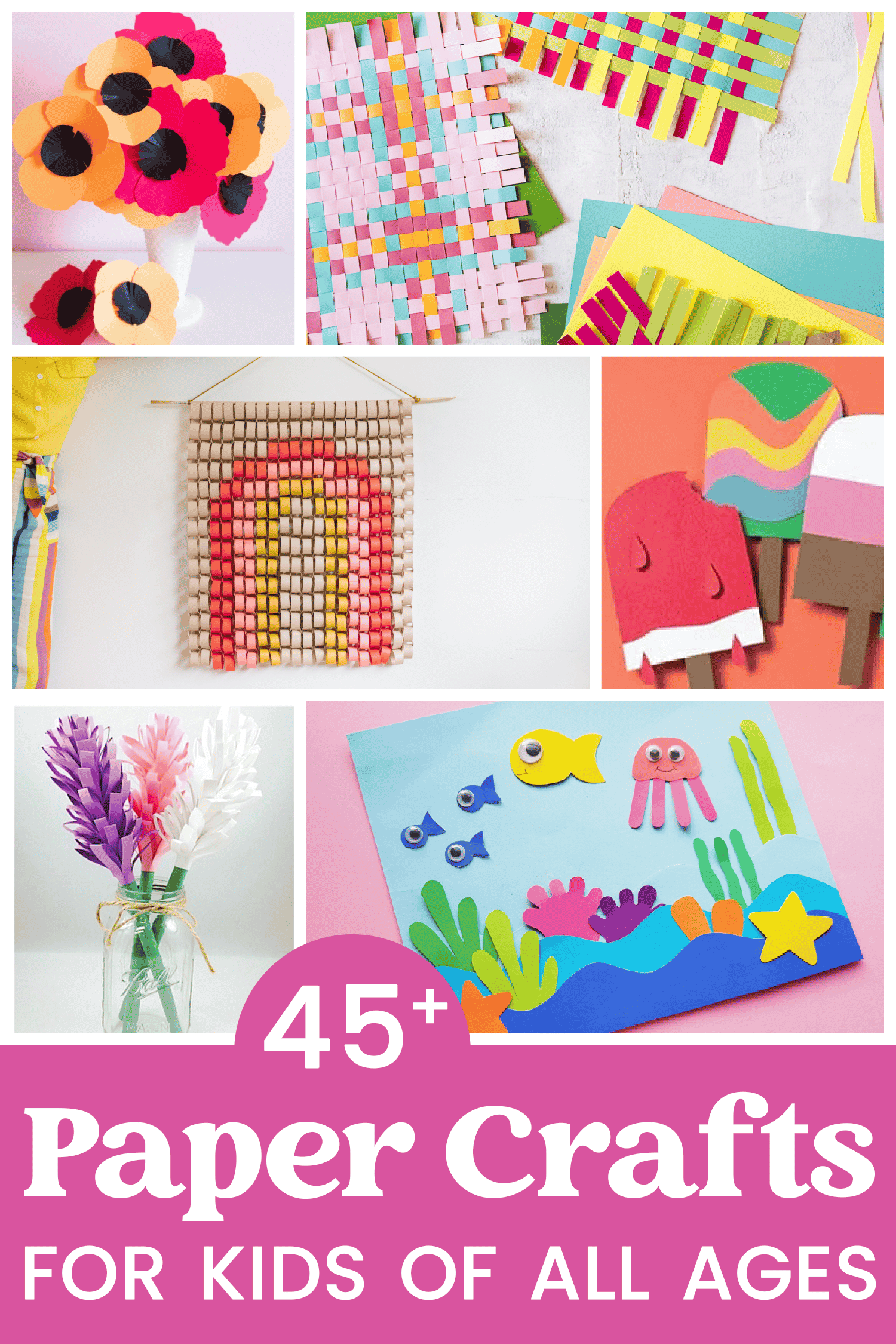 Collage of Construction Paper Craft Ideas with "45+ Paper Crafts for Kids" text