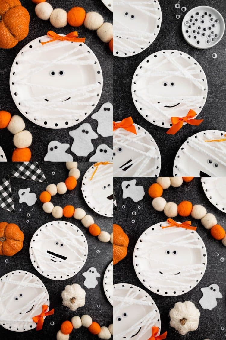 Collage of Paper plate mummy craft