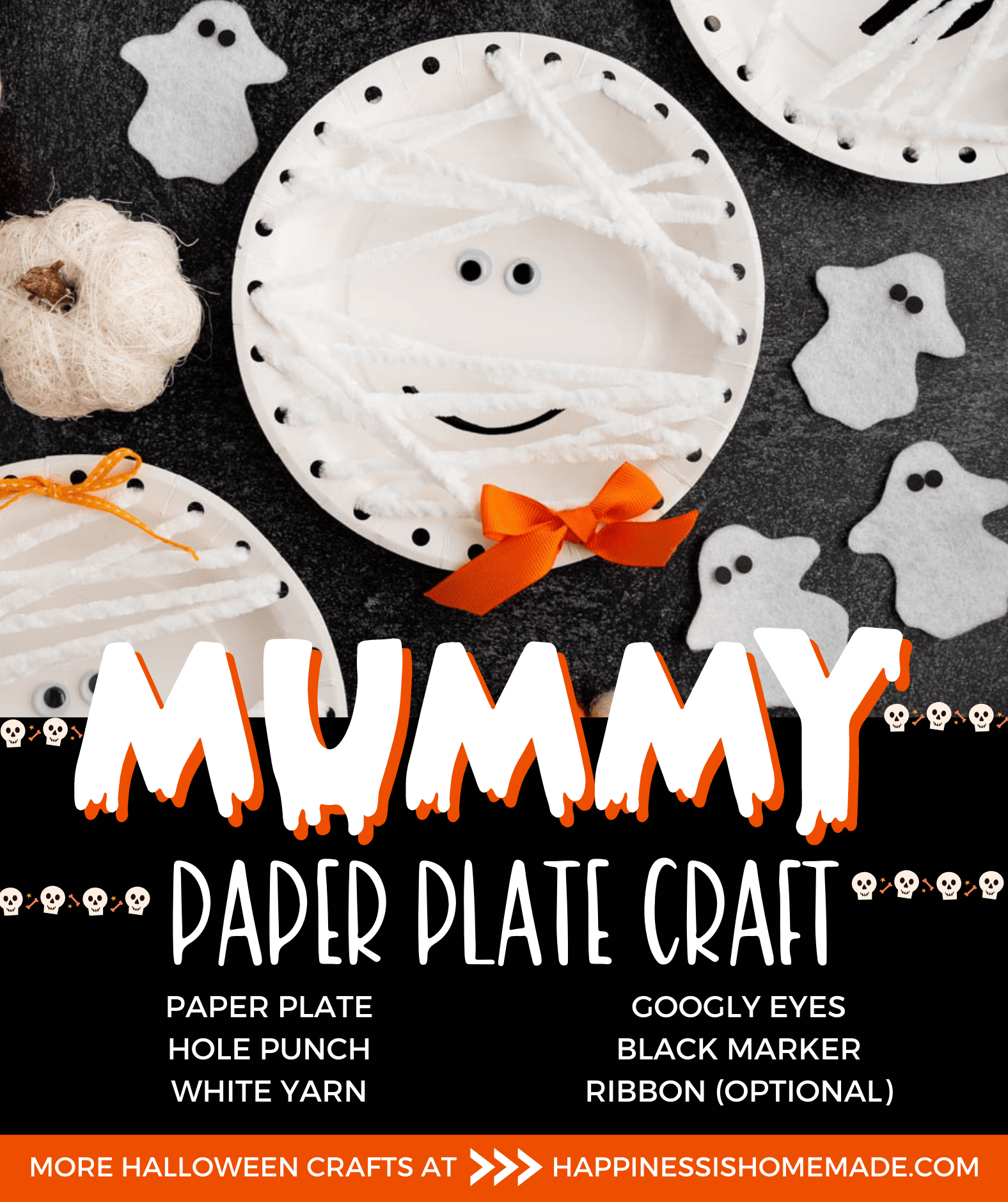 mummy paper plate craft list of supplies needed: paper plate, hole punch, white yarn, googly eyes, black marker, ribbon (optional)