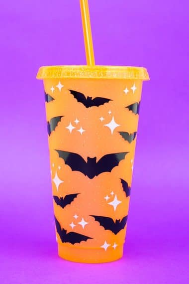 orange drink cup with straw decorated with bats svg files