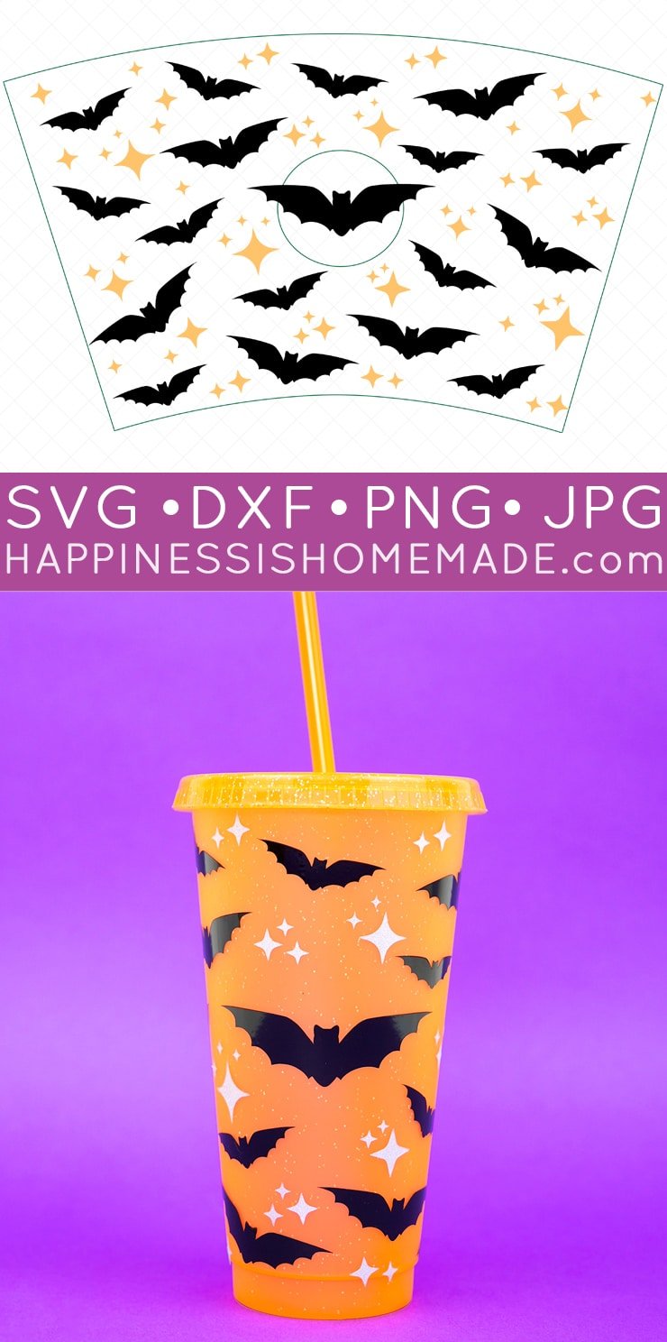 a tumbler with bats on it and a straw in the middle with svg template above