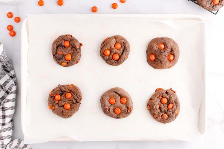 Halloween cake mix cookies on a white tray.