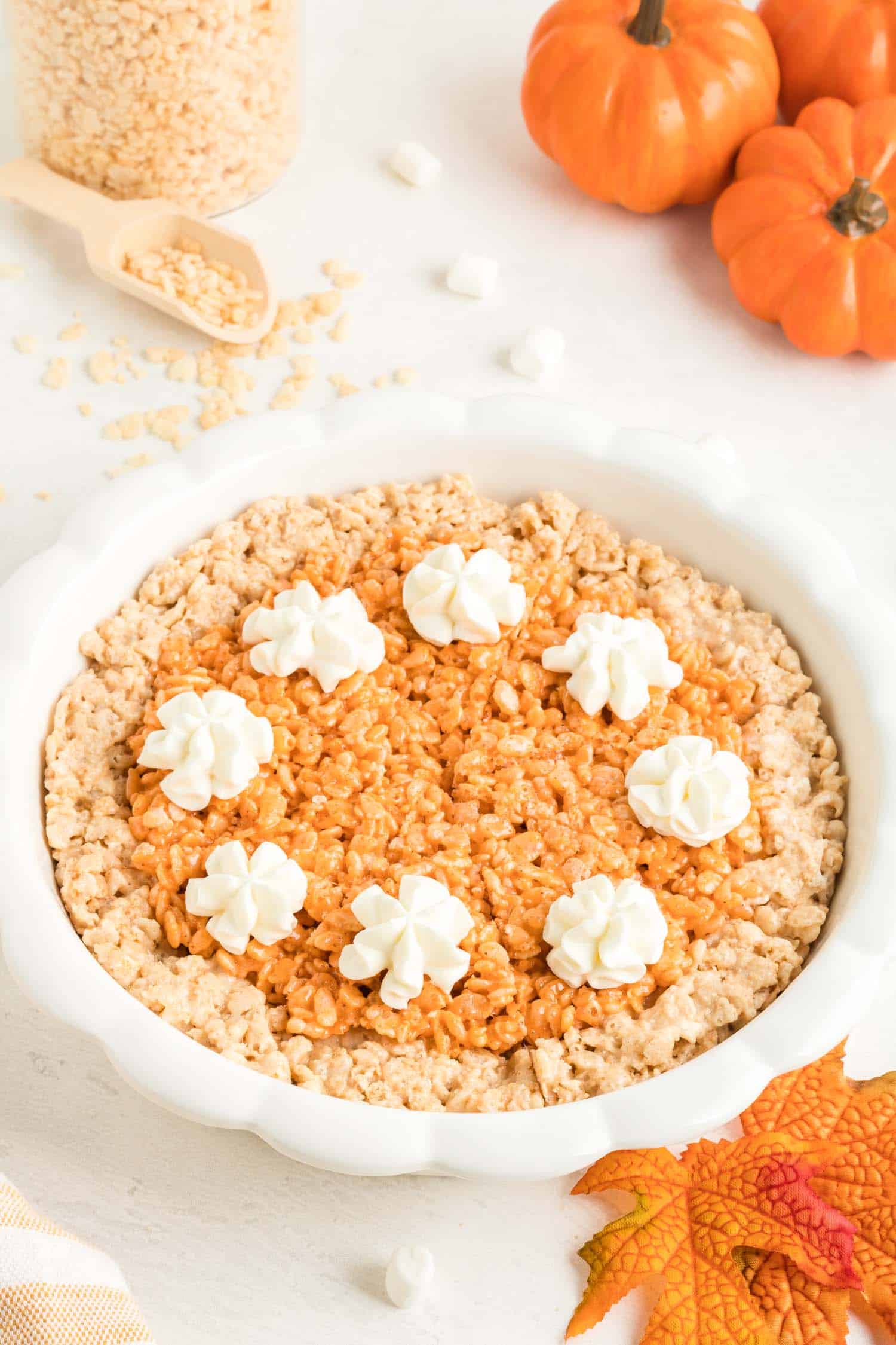 Dish of Thanksgiving Rice Krispie Treat Finished with Whipped Cream