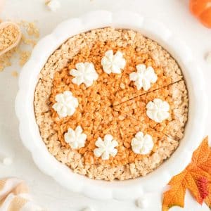 Overhead of Pumpkin Pie Krispie Thanksgiving Dessert on White Table