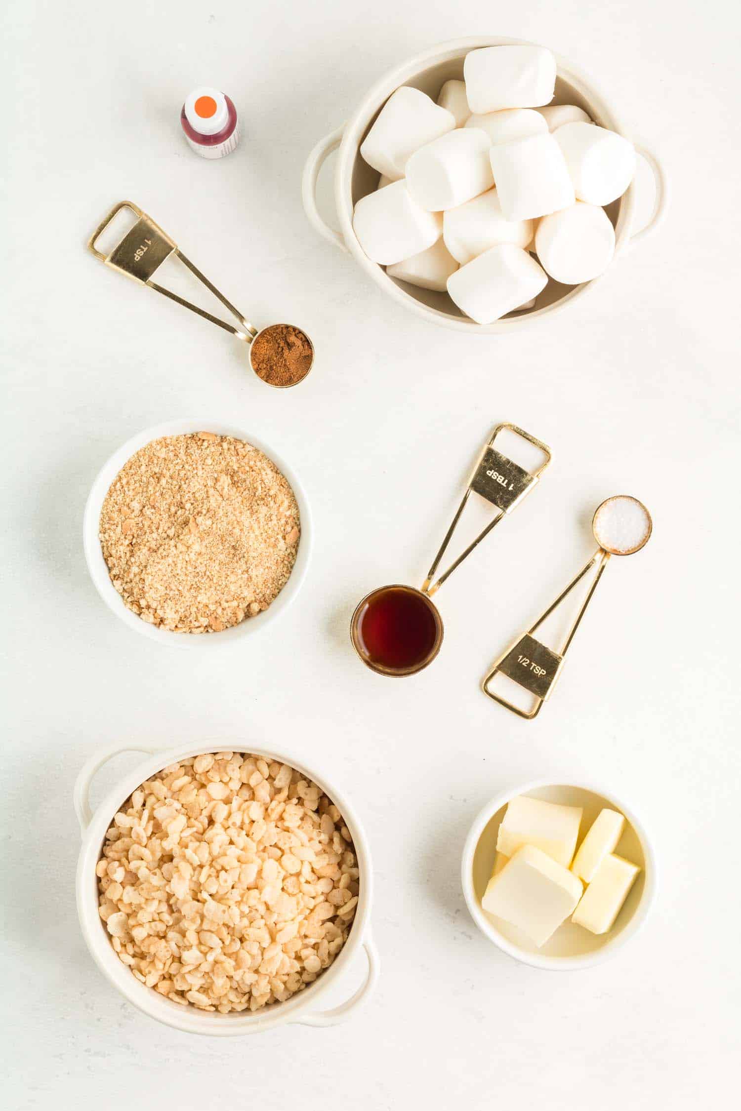 Singular Ingredients to make Pumpkin Pie Thanksgiving Krispie Treat on White Background