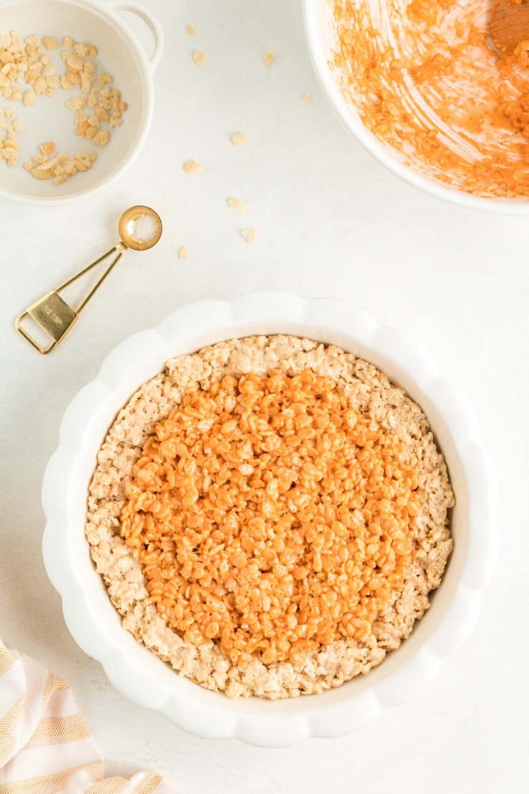 Rice Krispie Pumpkin Pie Treat in Dish , with emptied Mixing Bowl in background