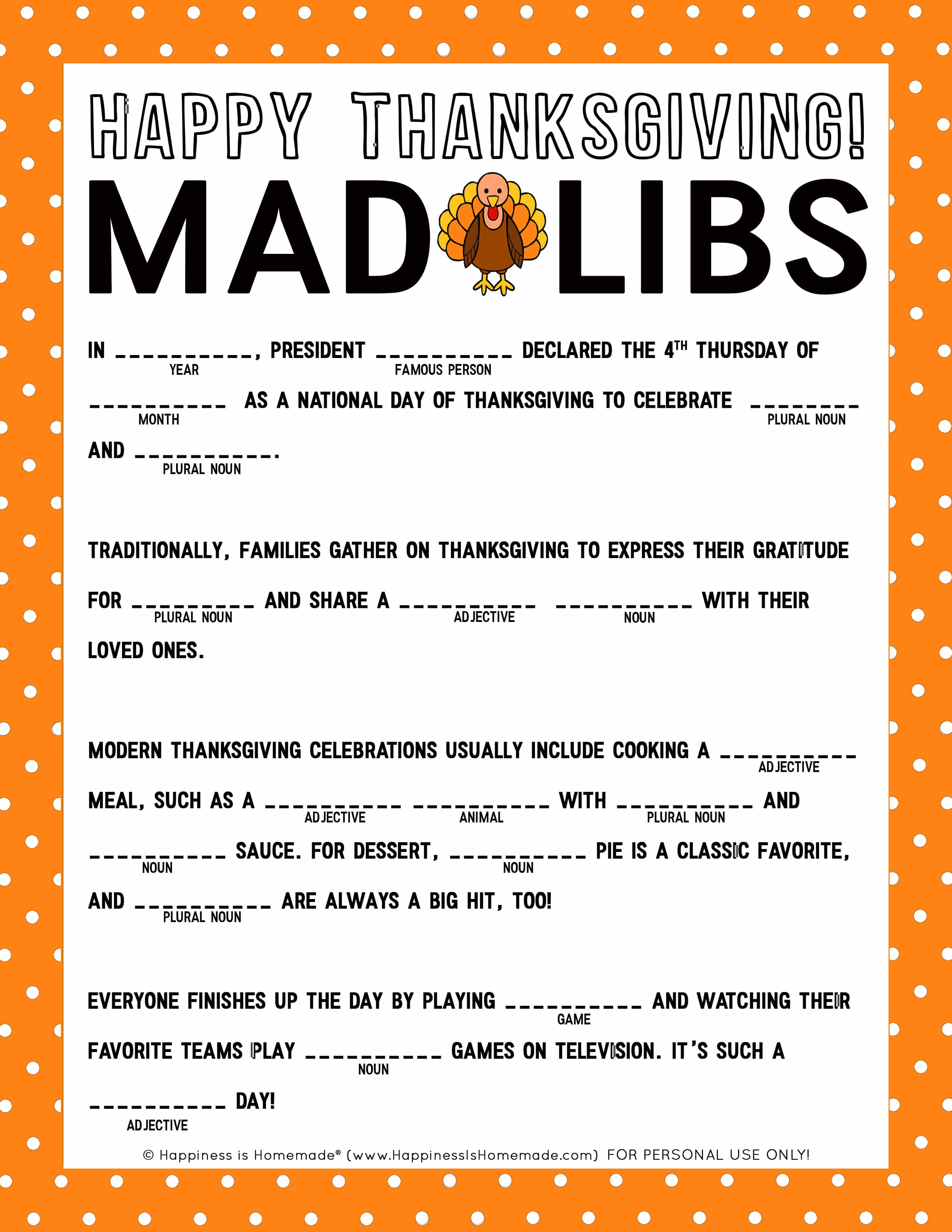 mad libs thanksgiving printable game